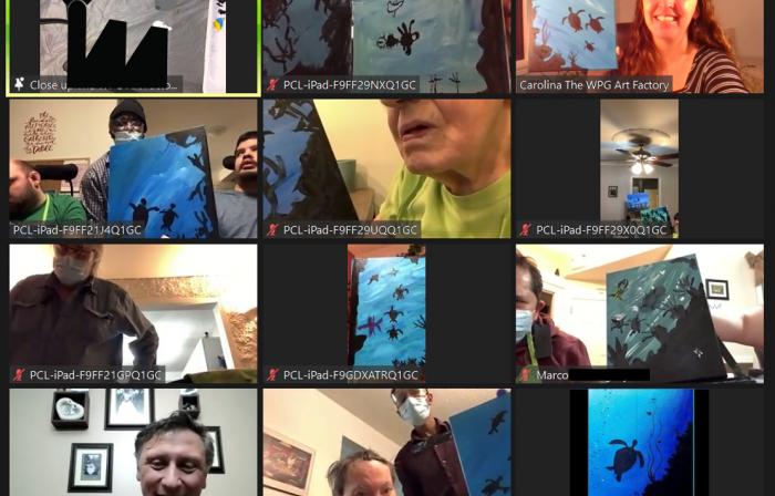 this image shows people on a Zoom call showing off their artwork