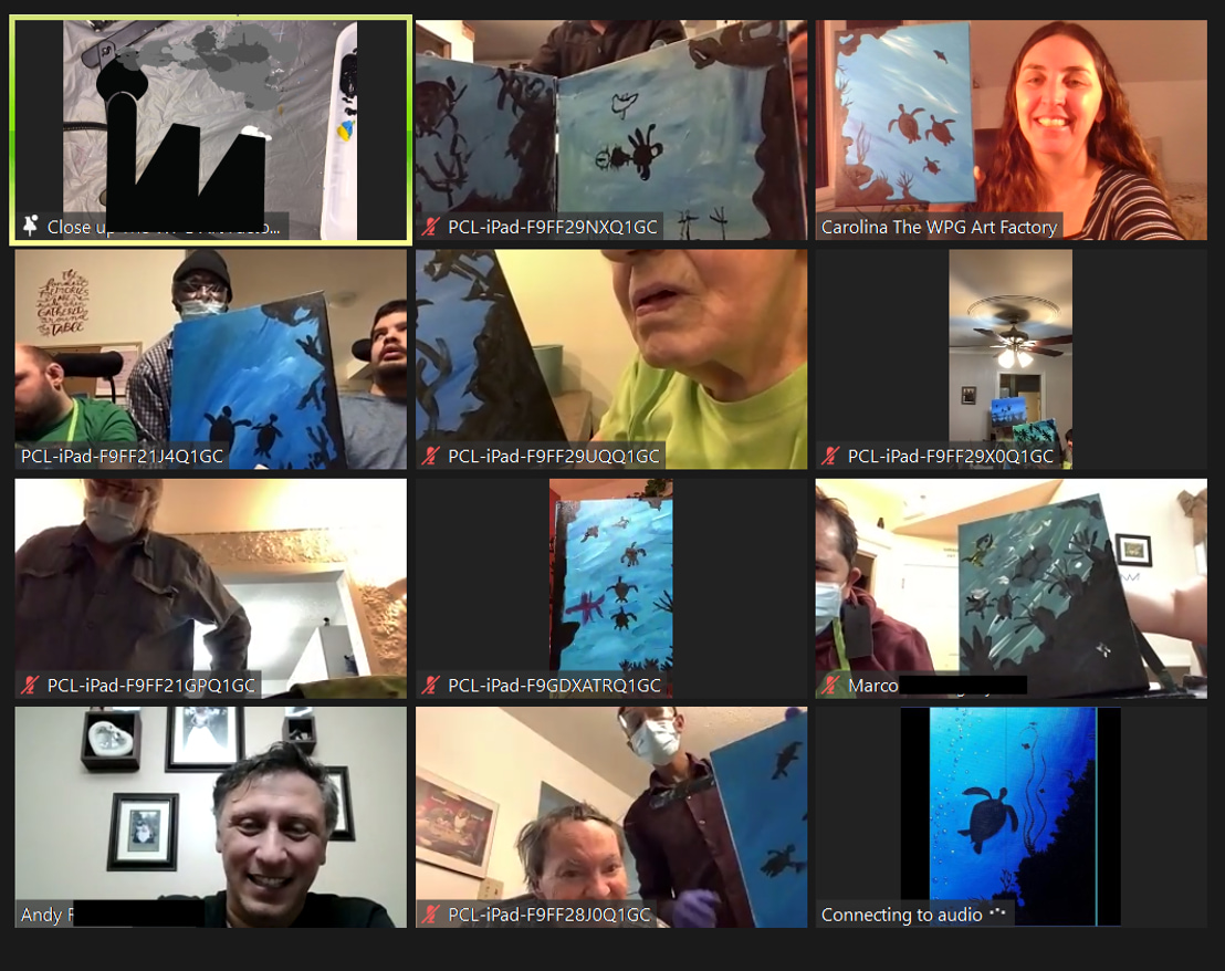 this image shows people on a Zoom call showing off their artwork